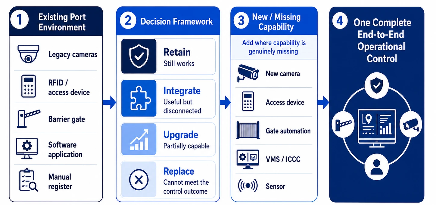 Brownfield approach diagram – existing port environment through decision framework to new capability and one complete end-to-end operational control