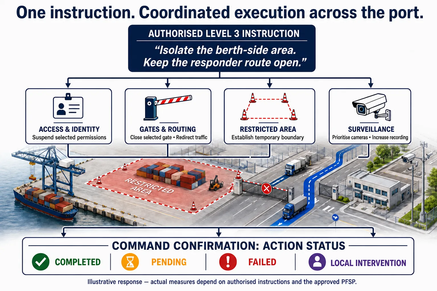 One instruction, coordinated execution across the port: access and identity, gates and routing, restricted area and surveillance
