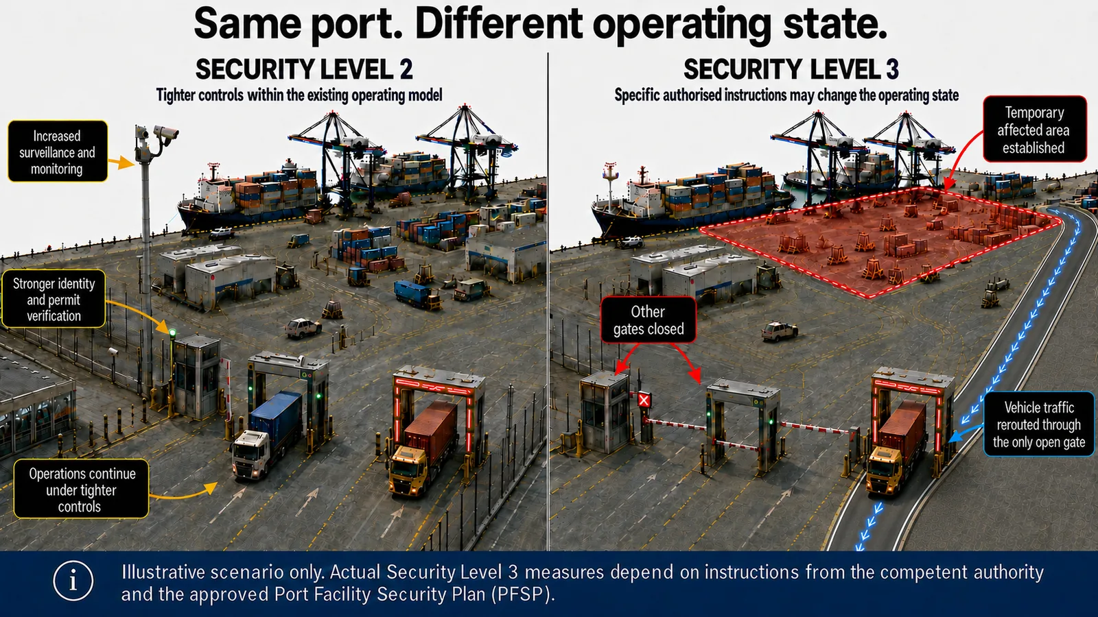 Same port, different operating state: Security Level 2 versus Security Level 3
